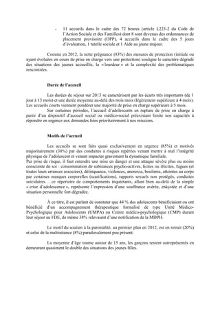 - 11 accueils dans le cadre des 72 heures (article L223-2 du Code de
l’Action Sociale et des Familles) dont 8 sont devenus des ordonnances de
placement provisoire (OPP), 4 accueils dans le cadre des 5 jours
d’évaluation, 1 tutelle sociale et 1 Aide au jeune majeur.
Comme en 2012, la nette prégnance (83%) des mesures de protection (initiale ou
ayant évoluées en cours de prise en charge vers une protection) souligne le caractère dégradé
des situations des jeunes accueillis, la « lourdeur » et la complexité des problématiques
rencontrées.
Durée de l’accueil
Les durées de séjour sur 2013 se caractérisent par les écarts très importants (de 1
jour à 13 mois) et une durée moyenne au-delà des trois mois (légèrement supérieure à 4 mois).
Les accueils courts viennent pondérer une majorité de prise en charge supérieure à 5 mois.
Sur certaines périodes, l’accueil d’adolescents en rupture de prise en charge à
partir d’un dispositif d’accueil social ou médico-social préexistant limite nos capacités à
répondre en urgence aux demandes liées prioritairement à nos missions.
Motifs de l’accueil
Les accueils se sont faits quasi exclusivement en urgence (85%) et motivés
majoritairement (38%) par des conduites à risques repérées venant mettre à mal l’intégrité
physique de l’adolescent et venant impacter gravement la dynamique familiale.
Par prise de risque, il faut entendre une mise en danger et une attaque sévère plus ou moins
consciente de soi : consommation de substances psycho-actives, licites ou illicites, fugues (et
toutes leurs errances associées), délinquance, violences, anorexie, boulimie, atteintes au corps
par certaines marques corporelles (scarifications), rapports sexuels non protégés, conduites
suicidaires… ce répertoire de comportements inquiétants, allant bien au-delà de la simple
« crise d’adolescence », représente l’expression d’une souffrance avérée, enkystée et d’une
situation personnelle fort dégradée.
À ce titre, il est parlant de constater que 44 % des adolescents bénéficiaient ou ont
bénéficié d’un accompagnement thérapeutique formalisé de type Unité Médico-
Psychologique pour Adolescents (UMPA) ou Centre médico-psychologique (CMP) durant
leur séjour au FDE, de même 38% relevaient d’une notification de la MDPH.
Le motif du soutien à la parentalité, au premier plan en 2012, est en retrait (20%)
et celui de la maltraitance (8%) paradoxalement peu présent.
La moyenne d’âge tourne autour de 15 ans, les garçons restent surreprésentés en
demeurant quasiment le double des situations des jeunes filles.
 