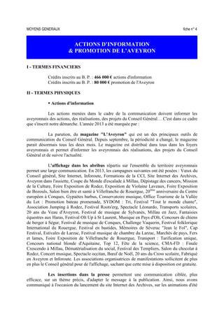 MOYENS GENERAUX fiche n° 4
ACTIONS D’INFORMATION
& PROMOTION DE L’AVEYRON
I - TERMES FINANCIERS
Crédits inscrits au B. P. : 466 000 € actions d'information
Crédits inscrits au B. P. : 80 000 € promotion de l'Aveyron
II - TERMES PHYSIQUES
Actions d'information
Les actions menées dans le cadre de la communication doivent informer les
aveyronnais des actions, des réalisations, des projets du Conseil Général… C'est dans ce cadre
que s'inscrit notre démarche. L'année 2013 a été marquée par :
La parution, du magazine "L'Aveyron" qui est un des principaux outils de
communication du Conseil Général. Depuis septembre, la périodicité a changé, le magazine
parait désormais tous les deux mois. Le magazine est distribué dans tous dans les foyers
aveyronnais et permet d'informer les aveyronnais des réalisations, des projets du Conseil
Général et de suivre l'actualité.
L'affichage dans les abribus répartis sur l'ensemble du territoire aveyronnais
permet une large communication. En 2013, les campagnes suivantes ont été posées : Vœux du
Conseil général, Site Internet, Inforoute, Formations de la CCI, Site Internet des Archives,
Aveyron dans l'assiette, Coupe du Monde d'escalade à Millau, Dépistage des cancers, Mission
de la Culture, Foire Exposition de Rodez, Exposition de Violaine Laveaux, Foire Exposition
de Bozouls, Salon bien être et santé à Villefranche de Rouergue, 20ème
anniversaire du Centre
européen à Conques, Gypaètes barbus, Conservatoire musique, Office Tourisme de la Vallée
du Lot : Promotion bateau promenade, SYDOM : Tri, Festival "Tout le monde chante",
Association Jumping à Rodez, Festival Roots'erg, Spectacle Léonardo, Transports scolaires,
20 ans du Veau d'Aveyron, Festival de musique de Sylvanès, Millau en Jazz, Fantaisies
équestres aux Haras, Festival Olt Up à St Laurent, Musique en Pays d'Olt, Concours de chiens
de berger à Ségur, Festival de musique de Conques, Challenge Vaquerin, Festival folklorique
International du Rouergue, Festival en bastides, Mémoires de Séverac "Jean le Fol", Cap
Festival, Estivales de Larzac, Festival musique de chambre du Larzac, Marchés de pays, Fers
et lames, Foire Exposition de Villefranche de Rouergue, Transport : Tarification unique,
Concours national blonde d'Aquitaine, Top 12, Fête de la science, CMA-FD : Finale
Crescendo à Millau, Dématérialisation du social, Festival des Templiers, Salon du chocolat à
Rodez, Concert musique, Spectacle occitan, Bœuf de Noël, 20 ans du Cross scolaire, Fabriqué
en Aveyron et Inforoute. Les associations organisatrices de manifestations sollicitent de plus
en plus le Conseil général pour de l'affichage, sachant que cette mise à disposition est gratuite.
Les insertions dans la presse permettent une communication ciblée, plus
efficace, sur un thème précis, d'adapter le message à la publication. Ainsi, nous avons
communiqué à l'occasion du lancement du site Internet des Archives, sur les animations d'été
 