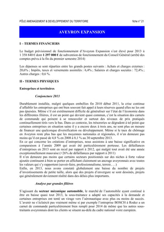 PÔLE AMENAGEMENT & DEVELOPPEMENT DU TERRITOIRE fiche n° 21
AVEYRON EXPANSION
I – TERMES FINANCIERS
Le budget prévisionnel de fonctionnement d’Aveyron Expansion s’est élevé pour 2013 à
1 358 840 € dont 1 297 000 € de subvention de fonctionnement du Conseil Général (arrêté des
comptes prévu à la fin du premier semestre 2014)
Les dépenses se sont réparties entre les grands postes suivants : Achats et charges externes :
20,6% ; Impôts, taxes et versements assimilés : 6,4% ; Salaires et charges sociales : 72,4% ;
Autres charges : 0,6 %.
II - TERMES PHYSIQUES
Entreprises et territoires
Conjoncture 2013
Durablement installée, malgré quelques embellies fin 2010 début 2011, la crise continue
d’affaiblir les entreprises qui ont bien souvent fait appel à leurs réserves quand elles ne les ont
pas épuisées. Même s’il est extrêmement difficile de généraliser sur l’état de l’économie dans
les différentes filières, il est un point qui devient quasi commun, c’est la situation des carnets
de commande qui peinent à se renouveler et surtout des niveaux de prix pratiqués
continuellement tirés vers le bas. Dans ce contexte, les trésoreries se dégradent à tel point que
certaines entreprises en situation saine il y a encore deux à trois ans, ne sont plus en mesure
de financer une quelconque diversification ou développement. Même si le taux de chômage
en Aveyron reste plus bas que les moyennes nationales et régionales, il n’en demeure pas
moins qu’il est passé de 4,8 % en 2008 à 8,1 % au 30 septembre 2013.
En ce qui concerne les créations d’entreprises, nous assistons à une baisse significative en
comparaison à l’année 2009 qui avait été particulièrement porteuse. Les défaillances
d’entreprises en 2013 sont en recul par rapport à 2012, qui malgré tout avait été une année
exceptionnellement mauvaise (+26% de défaillances par rapport à 2011)
Il n’en demeure pas moins que certains secteurs positionnés sur des niches à forte valeur
ajoutée continuent à bien se porter en affichant clairement un ancrage aveyronnais avec toutes
les valeurs qui s’y rapportent (savoir-faire, professionnalisme, terroir, …)
Enfin, en 2013, nous avons constaté globalement une baisse du nombre de projets
d’investissements de petite taille, alors que des projets d’envergure se sont dessinés, projets
qui généralement deviennent réalité dans des délais plus importants.
Analyse par grandes filières
S’agissant du secteur mécanique automobile, le marché de l’automobile ayant continué à
être en baisse quasi tout 2013, la sous-traitance a adapté ses capacités à la demande et
certaines entreprises ont tenté un virage vers l’aéronautique avec plus ou moins de succès.
L’avenir ne s’éclaircit pas vraiment même si par exemple l’entreprise BOSCH à Rodez a un
carnet de commande particulièrement bien rempli pour 2014 de même que les autres sous-
traitants aveyronnais dont les clients se situent au-delà du cadre national voire européen.
 