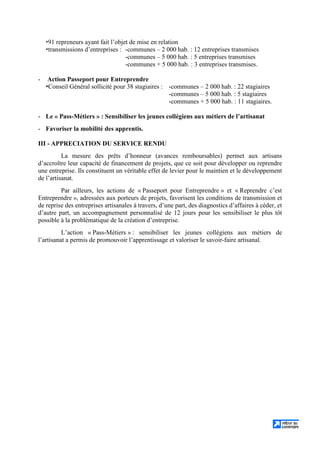 91 repreneurs ayant fait l’objet de mise en relation
transmissions d’entreprises : -communes – 2 000 hab. : 12 entreprises transmises
-communes – 5 000 hab. : 5 entreprises transmises
-communes + 5 000 hab. : 3 entreprises transmises.
- Action Passeport pour Entreprendre
Conseil Général sollicité pour 38 stagiaires : -communes – 2 000 hab. : 22 stagiaires
-communes – 5 000 hab. : 5 stagiaires
-communes + 5 000 hab. : 11 stagiaires.
- Le « Pass-Métiers » : Sensibiliser les jeunes collégiens aux métiers de l’artisanat
- Favoriser la mobilité des apprentis.
III - APPRECIATION DU SERVICE RENDU
La mesure des prêts d’honneur (avances remboursables) permet aux artisans
d’accroître leur capacité de financement de projets, que ce soit pour développer ou reprendre
une entreprise. Ils constituent un véritable effet de levier pour le maintien et le développement
de l’artisanat.
Par ailleurs, les actions de « Passeport pour Entreprendre » et « Reprendre c’est
Entreprendre », adressées aux porteurs de projets, favorisent les conditions de transmission et
de reprise des entreprises artisanales à travers, d’une part, des diagnostics d’affaires à céder, et
d’autre part, un accompagnement personnalisé de 12 jours pour les sensibiliser le plus tôt
possible à la problématique de la création d’entreprise.
L’action « Pass-Métiers » : sensibiliser les jeunes collégiens aux métiers de
l’artisanat a permis de promouvoir l’apprentissage et valoriser le savoir-faire artisanal.
 