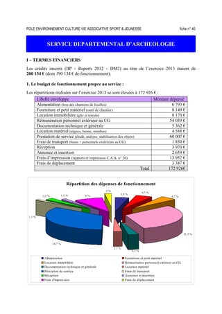 POLE ENVIRONNEMENT CULTURE VIE ASSOCIATIVE SPORT  JEUNESSE fiche n° 40
SERVICE DEPARTEMENTAL D’ARCHEOLOGIE
I – TERMES FINANCIERS
Les crédits inscrits (BP + Reports 2012 + DM2) au titre de l’exercice 2013 étaient de
200 134 € (dont 190 134 € de fonctionnement).
1. Le budget de fonctionnement propre au service :
Les répartitions réalisées sur l’exercice 2013 se sont élevées à 172 926 € :
Libellé enveloppe Montant dépensé
Alimentation (lors des chantiers de fouilles) 6 793 €
Fourniture et petit matériel (outil de chantier) 8 149 €
Location immobilière (gîte et terrain) 8 170 €
Rémunération personnel extérieur au CG 54 039 €
Documentation technique et générale 5 362 €
Location matériel (algeco, benne, minibus) 4 588 €
Prestation de service (étude, analyse, stabilisation des objets) 60 007 €
Frais de transport (biens + personnels extérieurs au CG) 1 850 €
Réception 3 970 €
Annonce et insertion 2 659 €
Frais d’impression (rapports et impression C.A.A. n° 26) 13 952 €
Frais de déplacement 3 387 €
Total 172 926€
Répartition des dépenses de fonctionnement
3,9 %
31,3 %
3,1 %
2,7 %
1,1 %
1,5 %
2 %
2,2 % 4,7 %
4,7 %
8 %
34,7 %
Alimentation Fourniture et petit matériel
Location immobilière Rémunération personnel extérieur au CG
Documentation technique et générale Location matériel
Prestation de service Frais de transport
Réception Annonce et insertion
Frais d'impression Frais de déplacement
 