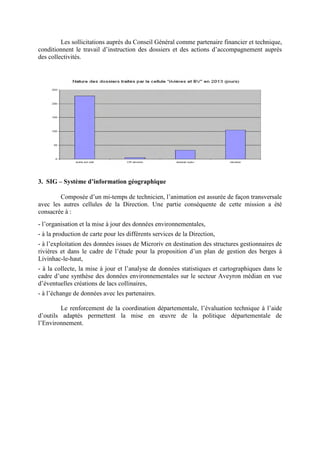 Les sollicitations auprès du Conseil Général comme partenaire financier et technique,
conditionnent le travail d’instruction des dossiers et des actions d’accompagnement auprès
des collectivités.
3. SIG – Système d’information géographique
Composée d’un mi-temps de technicien, l’animation est assurée de façon transversale
avec les autres cellules de la Direction. Une partie conséquente de cette mission a été
consacrée à :
- l’organisation et la mise à jour des données environnementales,
- à la production de carte pour les différents services de la Direction,
- à l’exploitation des données issues de Microriv en destination des structures gestionnaires de
rivières et dans le cadre de l’étude pour la proposition d’un plan de gestion des berges à
Livinhac-le-haut,
- à la collecte, la mise à jour et l’analyse de données statistiques et cartographiques dans le
cadre d’une synthèse des données environnementales sur le secteur Aveyron médian en vue
d’éventuelles créations de lacs collinaires,
- à l’échange de données avec les partenaires.
Le renforcement de la coordination départementale, l’évaluation technique à l’aide
d’outils adaptés permettent la mise en œuvre de la politique départementale de
l’Environnement.
 