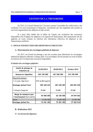 PÔLE ADMINISTRATION GENERALE & RESSOURCES DES SERVICES fiche n° 7
GESTION DE LA TRESORERIE
En 2013, le Conseil Général de l’Aveyron comme l’ensemble des collectivités a été
confronté à la crise économique et financière, caractérisée par une stagnation des recettes et
une forte augmentation des dépenses d’aide sociale.
Il a donc fallu établir dès le début de l’année une évaluation des ressources
disponibles afin d’adapter les dépenses à la capacité de financement. Des ajustements ont été
apportés en cours d’année en fonction des réalisations effectives de dépenses et des
financements mobilisés.
I - NIVEAU D’EXECUTION DES DEPENSES ET RECETTES
A- Détermination des enveloppes plafonds de dépenses
En 2013, un Comité de pilotage a été mis en place pour déterminer les enveloppes
plafond de dépenses affectées à chaque pôle. Ces enveloppes ont été ajustées en cours d’année
en fonction de l’évolution des ressources disponibles.
Evolution des enveloppes plafonds :
Comité de pilotage de
trésorerie du
22/02/2013 25/04/2013 Octobre 2013
Ressources disponibles 369 100 000 367 500 000 376 700 000
Objectifs retenus :
1 tx exéc. Dép fonct : 97% du BP+reports
Enveloppe plafond Fonct 289 328 641 287 635 487 290 002 930
2 Niveau d'emprunt 20 M€ 20 M€ 20 M€
Marge de manœuvre pour
l'investissement (hors dette)
59 900 000 60 100 000 64 579 562
Dette 13 351 352 13 351 352 13 351 352
Enveloppe plafond Inv 73 251 352 73 451 352 77 930 914
B- Réalisations 2013
1°- Au niveau des dépenses
 