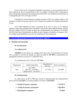 Il est à noter que les contraintes budgétaires rencontrées ne nous permettent plus de
tenir l'objectif de mise en accessibilité de tous les collèges à l'horizon 2015, comme prévu
dans le programme pluriannuel de modernisation 2010-2014. Une redéfinition des priorités de
ce programme devra être envisagée en 2014.
Concernant le fonctionnement, le budget accordé en 2013 aux collèges publics a été
maintenu au même niveau que celui de 2012, il permet de maintenir cet important patrimoine
en état.
Il est enfin important de noter la poursuite de la mise en œuvre de la réflexion
décidée et lancée par le Département concernant l’activité des agents départementaux affectés
dans les collèges (ATTE). La mise en place des coordonnateurs s’est poursuivie (7 en place
fin 2013) ainsi que l'externalisation de tâches de gros ménage et d'entretien des espaces verts.
Les collèges ayant bénéficié de ces services ont fait part de leur satisfaction.
B - LES ETABLISSEMENTS D’ENSEIGNEMENT PRIVES
I – TERMES FINANCIERS
► Investissement
Les collèges privés
230 000 € ont été alloués aux collèges privés pour leurs investissements de l’année
2013, auxquels il convient de rajouter un report de crédit de 181 204 €, correspondant aux
programmes antérieurs en cours au 31 décembre 2012.
Les mandatements 2013 s’élèvent à 277 795 €.
Programmes Crédits disponibles
Mandatements
effectués
Reste à mandater
2013
411 204 €
(BP 2013 : 230 000 €
Reports 2012 : 181 204 €)
277 795 € 133 409 €
► Fonctionnement
Le crédit inscrit au BP et DM pour assurer le fonctionnement des établissements
privés était de 2 272 628 €. Le montant attribué s’est élevé à 2 252 628 €.
Forfait d’externat « matériel » 1 213 817 €
Forfait d’externat « personnel » 1 026 603 €
Participation transports 12 208 €
 