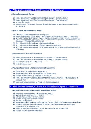 ►►►► Pôle Aménagement & Développement du Territoire
p ACTION ECONOMIQUE & EMPLOI
19
20
21
22
FONDS DEPARTEMENTAL DE DEVELOPPEMENT ECONOMIQUE - INVESTISSEMENT
FONDS DEPARTEMENTAL DE DEVELOPPEMENT ECONOMIQUE - FONCTIONNEMENT
AVEYRON EXPANSION
CONVENTION DE PARTENARIAT CONSEIL GENERAL & CHAMBRE DE METIERS ET DE L’ARTISANAT
DE L’AVEYRON
p AGRICULTURE & AMENAGEMENT DE L’ESPACE
23
24
25
26
27
28
L’AVEYRON, TERRITOIRE DE PRODUITS DE QUALITE
RENOUVELLEMENT DES GENERATIONS : UNE AGRICULTURE PRESENTE SUR TOUT LE TERRITOIRE
MULTI USAGES DE L’ESPACE RURAL : AIDE A L’AMENAGEMENT PAYSAGER & L’EMBELLISSEMENT DES
COMMUNES - PEPINIERE DEPARTEMENTALE
MULTI USAGES DE L’ESPACE RURAL : AMENAGEMENT RURAL
MULTI USAGES DE L’ESPACE RURAL : ESPACES NATURELS SENSIBLES
MULTI USAGES DE L’ESPACE RURAL : PLAN DEPARTEMENTAL DES ITINERAIRES DE PROMENADE & DE
RANDONNEE
p DEVELOPPEMENT & ANIMATION TOURISTIQUE
29
30
31
32
FONDS DEPARTEMENTAL D'INTERVENTION TOURISTIQUE - INVESTISSEMENT
FONDS DEPARTEMENTAL D'INTERVENTION TOURISTIQUE - FONCTIONNEMENT
COMITE DEPARTEMENTAL DU TOURISME
AIRE DE BROCUEJOULS
p POLITIQUE TERRITORIALE & ACTIONS AUPRES DES COLLECTIVITES
33
34
35
36
37
EQUIPEMENTS DES COMMUNES & GROUPEMENTS
PROGRAMME D’AIDE AUX CENTRES DE SECOURS & D’INCENDIE
SERVICE DEPARTEMENTAL D'INCENDIE ET DE SECOURS
FONDS DEPARTEMENTAL D’EMBELLISSEMENT DE NOS VILLES & VILLAGES : CŒUR DE VILLAGE &
BOURG CENTRE
POLITIQUE DEPARTEMENTALE DE L'HABITAT - FONCTIONNEMENT
►►►► Pôle Environnement, Culture, Vie Associative, Sport & Jeunesse
p AFFAIRES CULTURELLES, VIE ASSOCIATIVE, PATRIMOINE & MUSEES
38
39
40
41
42
43
44
45
POLITIQUE DEPARTEMENTALE D’ANIMATION CULTURELLE
MISSION DEPARTEMENTALE DE LA CULTURE
SERVICE DEPARTEMENTAL D’ARCHEOLOGIE
BASTIDES DU ROUERGUE
PROGRAMME DE RESTAURATION DU PATRIMOINE CLASSE OU INSCRIT N’APPARTENANT PAS A L’ETAT
BATIMENTS SITUES DANS LE PERIMETRE DE PROTECTION D’UN MONUMENT HISTORIQUE &
SAUVEGARDE DU PATRIMOINE BATI
FONDS DE SOUTIEN A LA RESTAURATION DU PATRIMOINE RURAL NON PROTEGE
SERVICE DES MUSEES DEPARTEMENTAUX
 