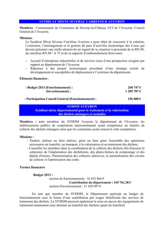 SYNDICAT MIXTE SEVERAC CARREFOUR AVEYRON
Membres : Communauté de Communes de Séverac-le-Château, CCI de l’Aveyron, Conseil
Général de l’Aveyron.
Missions :
Le Syndicat Mixte Séverac Carrefour Aveyron a pour objet de concourir à la création,
l’extension, l’aménagement et la gestion du parc d’activités économique des Cazes qui
devrait présenter une réelle attractivité au regard de sa situation à proximité de la RN 88,
du carrefour RN 88 / A 75 et de sa capacité d’embranchement ferroviaire.
- Accueil d’entreprises industrielles et de services issus d’une prospection exogène par
rapport au département de l’Aveyron
- Réponses à des projets économiques procédant d’une stratégie avérée de
développement et susceptibles de déplacement à l’extérieur du département.
Eléments financiers :
- Budget 2013 (Fonctionnement) : 260 747 €
(Investissement) : 1 209 707 €
- Participation Conseil Général (Fonctionnement) : 156 000 €
SYDOM AVEYRON
Syndicat mixte départemental pour le traitement et la valorisation
des déchets ménagers et assimilés
Membres : sont membres du SYDOM Aveyron le département de l'Aveyron, les
établissements publics de coopération intercommunale ayant compétence en matière de
collecte des déchets ménagers ainsi que les communes ayant conservé cette compétence.
Missions :
- Étudier, réaliser ou faire réaliser, gérer ou faire gérer l'ensemble des opérations
nécessaires au transfert, au transport, à la valorisation et au traitement des déchets,
- Conseiller les membres dans la coordination de la collecte des déchets afin d'assurer la
cohérence de l'implantation des déchèteries, des plates-formes de compostage et des
dépôts d'inertes, l'harmonisation des collectes sélectives, la rationalisation des circuits
de collecte et l'optimisation des coûts.
Termes financiers
Budget 2013 :
section de fonctionnement : 16 832 864 €
Contribution du département : 169 761,38 €
section d'investissement : 11 428 097 €
En tant que membre du SYDOM, le Département participe au budget de
fonctionnement sous la forme d’une contribution par usager bénéficiant des services de
traitement des déchets. Le SYDOM poursuit également la mise en œuvre des équipements de
traitement notamment ceux destinés au transfert des déchets (quais de transfert)
 