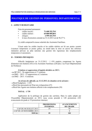PÔLE ADMINISTRATION GENERALE & RESSOURCES DES SERVICES fiche n° 11
POLITIQUE DE GESTION DU PERSONNEL DEPARTEMENTAL
I – ASPECT BUDGETAIRE
Frais de personnel permanent :
• crédits inscrits : 71 608 252,78 €
• crédits réalisés : 69 008 809,08 €
• reliquat : 2 599 443,70 €
• le taux d'exécution constaté au 31.12.2013 est de 96,37 %
Ce crédit comprend la masse salariale des Assistants Familiaux.
L'écart entre les crédits inscrits et les crédits réalisés est lié aux postes vacants
(vacances temporaires et postes gelés), au retard dans la mise en œuvre des réformes
statutaires prévues au plan national, une gestion très rigoureuse des remplacements
temporaires et saisonniers.
II – TERMES PHYSIQUES
Effectifs budgétaires au 31.12.2013 : 1 674 emplois comprenant les Agents
d'entretien non titulaires (43) et les Assistants Familiaux (220 plus 2 au Foyer Départemental
de l'Enfance)
Créations et suppressions d'emplois décidées en 2013 :
- au BP 2013 : 56 suppressions et 17 créations
- en DM1 – 2013 : 12 suppressions et 2 créations
- en DM2 – 2013 : 4 créations
Au niveau des effectifs, au 31.12.2013, la situation est la suivante :
- effectif budgétaire : 1 674
- effectif des personnels de l'Etat mis à disposition (27)
- effectif des Agents non titulaires affectés à des remplacements (38)
TOTAL : 1 739
Application de la politique de gestion des carrières. Dans le cadre adopté par
l'Assemblée Départementale en 2013, nous avons procédé à 120 promotions (101
avancements de grade et 19 promotions internes)
PROMOTIONS
INTERNES
AVANCEMENTS
DE GRADE
CAP DU 04 JUILLET 2013 19 95
CAP DU 28 NOVEMBRE 2013 6
TOTAL 19 101
 