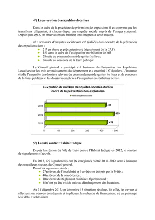 4°) La prévention des expulsions locatives
Dans le cadre de la procédure de prévention des expulsions, il est convenu que les
travailleurs diligentent, à chaque étape, une enquête sociale auprès de l’usager concerné.
Depuis juin 2013, les observations du bailleur sont intégrées à cette enquête.
421 demandes d’enquêtes sociales ont été réalisées dans le cadre de la prévention
des expulsions dont :
► 217 en phase en précontentieuse (signalement de la CAF)
► 150 dans le cadre de l’assignation en résiliation de bail
► 28 suite au commandement de quitter les lieux
► 26 suite au concours de la force publique.
Le Conseil général a participé à 9 Instances de Prévention des Expulsions
Locatives sur les trois arrondissements du département et a examiné 107 dossiers. L’instance
étudie l’ensemble des dossiers relevant du commandement de quitter les lieux et du concours
de la force publique et les dossiers complexes d’assignation en résiliation de bail.
5°) La lutte contre l’Habitat Indigne
Depuis la création du Pôle de Lutte contre l’Habitat Indigne en 2012, le nombre
de signalements s’accroît.
En 2013, 129 signalements ont été enregistrés contre 80 en 2012 dont 6 émanent
des travailleurs sociaux du Conseil général.
Parmi les logements visités :
► 27 relèvent de l’insalubrité et 9 arrêtés ont été pris par le Préfet ;
► 40 relèvent de la non-décence ;
► 10 relèvent du Règlement Sanitaire Départemental ;
► 15 n’ont pu être visités suite au déménagement des locataires.
Au 31 décembre 2013, on dénombre 15 situations résolues. En effet, les travaux à
effectuer sont souvent conséquents et impliquent la recherche de financement, ce qui prolonge
leur délai d’achèvement.
428
479
421
0 100 200 300 400 500
2011
2012
2013
L'évolution du nombre d'enquêtes sociales dans le
cadre de la prévention des explusions
Nbred'enquêtes sociales
 