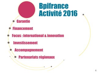 Bpifrance
Activité 2016
Garantie
Financement
Focus : international & innovation
Investissement
Accompagnement
Partenariats régionaux
4
 