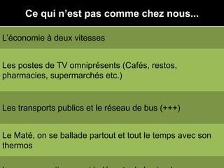 Ce qui n’est pas comme chez nous...
L’économie à deux vitesses
Les postes de TV omniprésents (Cafés, restos,
pharmacies, supermarchés etc.)
Les transports publics et le réseau de bus (+++)
Le Maté, on se ballade partout et tout le temps avec son
thermos
 