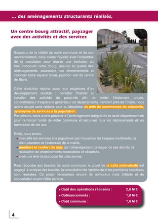 ... des aménagements structurants réalisés,					
Un centre bourg attractif, paysager
avec des activités et des services
Soucieux de la vitalité de notre commune et de son
environnement, nous avons travaillé avec l’ensemble
de la population pour réussir une évolution du
bâti, concevoir notre bourg, assurer la qualité des
aménagements, poursuivre nos cheminements et
valoriser notre espace boisé, poumon vert du centre
de Biard.
 
Cette évolution répond aussi aux exigences d’un
développement durable : densifier l’habitat et
installer des activités de proximité afin de limiter l’étalement urbain,
consommateur d’espace et générateur de déplacements. Pendant près de 10 ans, nous
avons œuvré sans relâche pour qu’aboutisse un pôle de commerces de proximité,
synonyme de services à la population.
Par ailleurs, nous avons procédé à l’aménagement intégral de la route départementale
pour renforcer l’unité de notre commune et sécuriser tous les déplacements et les
traversées de cet axe.
Enfin, nous avons :
l intensifié les services à la population par l’ouverture de l’espace multimédia, la
restructuration et l’extension de la mairie,
l amélioré le confort de tous par l’aménagement paysager de ses abords, la
réalisation de cheminements accessibles et sécurisés,
l créé une aire de jeux pour les plus jeunes.
Pour répondre aux besoins de notre commune, le projet de la salle polyvalente est
engagé. L’analyse des besoins, la consultation de l’architecte et les premières esquisses
sont réalisées. Ce projet nécessitera encore de nombreux mois d’étude et de
concertation avant d’être achevé.

2

4

Coût des opérations réalisées :	

2,6 M €

l

3

l

Cofinancements :	

1,0 M €

l

Coût commune :	

1,6 M €

 