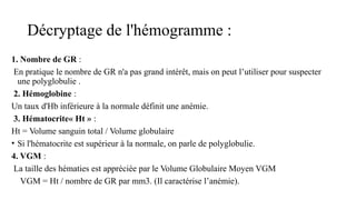 Décryptage de l'hémogramme :
1. Nombre de GR :
En pratique le nombre de GR n'a pas grand intérêt, mais on peut l’utiliser pour suspecter
une polyglobulie .
2. Hémoglobine :
Un taux d'Hb inférieure à la normale définit une anémie.
3. Hématocrite« Ht » :
Ht = Volume sanguin total / Volume globulaire
• Si l'hématocrite est supérieur à la normale, on parle de polyglobulie.
4. VGM :
La taille des hématies est appréciée par le Volume Globulaire Moyen VGM
VGM = Ht / nombre de GR par mm3. (Il caractérise l’anémie).
 