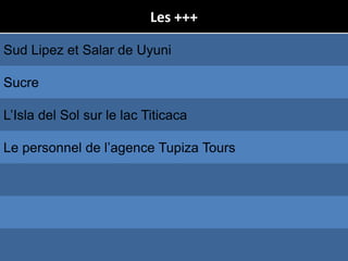 Les +++
Sud Lipez et Salar de Uyuni
Sucre
L’Isla del Sol sur le lac Titicaca
Le personnel de l’agence Tupiza Tours
 
