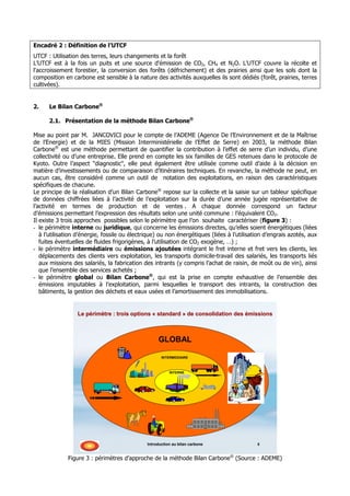 Encadré 2 : Définition de l’UTCF
UTCF : Utilisation des terres, leurs changements et la forêt
L’UTCF est à la fois un puits et une source d'émission de CO2, CH4 et N2O. L'UTCF couvre la récolte et
l'accroissement forestier, la conversion des forêts (défrichement) et des prairies ainsi que les sols dont la
composition en carbone est sensible à la nature des activités auxquelles ils sont dédiés (forêt, prairies, terres
cultivées).


2.    Le Bilan Carbone®

      2.1. Présentation de la méthode Bilan Carbone®

Mise au point par M. JANCOVICI pour le compte de l’ADEME (Agence De l’Environnement et de la Maîtrise
de l’Energie) et de la MIES (Mission Interministérielle de l’Effet de Serre) en 2003, la méthode Bilan
Carbone® est une méthode permettant de quantifier la contribution à l’effet de serre d’un individu, d’une
collectivité ou d’une entreprise. Elle prend en compte les six familles de GES retenues dans le protocole de
Kyoto. Outre l’aspect "diagnostic", elle peut également être utilisée comme outil d’aide à la décision en
matière d’investissements ou de comparaison d’itinéraires techniques. En revanche, la méthode ne peut, en
aucun cas, être considéré comme un outil de notation des exploitations, en raison des caractéristiques
spécifiques de chacune.
Le principe de la réalisation d’un Bilan Carbone® repose sur la collecte et la saisie sur un tableur spécifique
de données chiffrées liées à l’activité de l’exploitation sur la durée d’une année jugée représentative de
l’activité en termes de production et de ventes . A chaque donnée correspond un facteur
d’émissions permettant l’expression des résultats selon une unité commune : l’équivalent CO2.
Il existe 3 trois approches possibles selon le périmètre que l’on souhaite caractériser (figure 3) :
- le périmètre interne ou juridique, qui concerne les émissions directes, qu’elles soient énergétiques (liées
   à l’utilisation d’énergie, fossile ou électrique) ou non énergétiques (liées à l’utilisation d’engrais azotés, aux
   fuites éventuelles de fluides frigorigènes, à l’utilisation de CO2 exogène, …) ;
- le périmètre intermédiaire ou émissions ajoutées intégrant le fret interne et fret vers les clients, les
   déplacements des clients vers exploitation, les transports domicile-travail des salariés, les transports liés
   aux missions des salariés, la fabrication des intrants (y compris l’achat de raisin, de moût ou de vin), ainsi
   que l’ensemble des services achetés ;
- le périmètre global ou Bilan Carbone®, qui est la prise en compte exhaustive de l’ensemble des
   émissions imputables à l’exploitation, parmi lesquelles le transport des intrants, la construction des
   bâtiments, la gestion des déchets et eaux usées et l’amortissement des immobilisations.


                  Le périmètre : trois options « standard » de consolidation des émissions



                                                    GLOBAL

                                                      INTERMEDIAIRE



                                                          INTERNE




                                               Introduction au bilan carbone                8


              Figure 3 : périmètres d’approche de la méthode Bilan Carbone® (Source : ADEME)
 