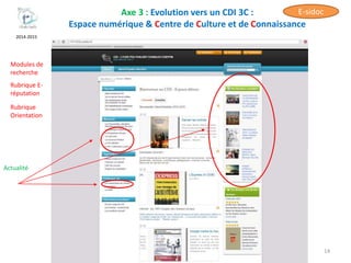 Axe 3 : Evolution vers un CDI 3C :
Espace numérique & Centre de Culture et de Connaissance
14
2014-2015
Actualité
Modules ...