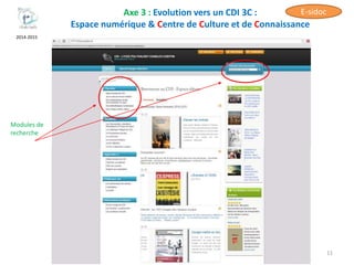 Axe 3 : Evolution vers un CDI 3C :
Espace numérique & Centre de Culture et de Connaissance
11
2014-2015
Modules de
recherche
E-sidoc
 
