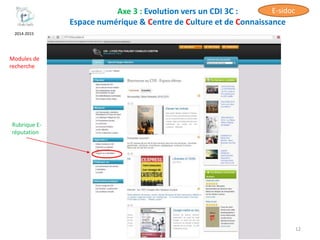 Axe 3 : Evolution vers un CDI 3C :
Espace numérique & Centre de Culture et de Connaissance
12
2014-2015
Modules de
recherche
Rubrique E-
réputation
E-sidoc
 