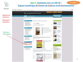 Axe 3 : Evolution vers un CDI 3C :
Espace numérique & Centre de Culture et de Connaissance
13
2014-2015
Rubrique
Orientation
Modules de
recherche
Rubrique E-
réputation
E-sidoc
 