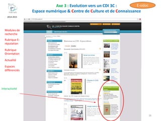 Axe 3 : Evolution vers un CDI 3C :
Espace numérique & Centre de Culture et de Connaissance
16
2014-2015
Interactivité
Espaces
différenciés
Actualité
Modules de
recherche
Rubrique E-
réputation
Rubrique
Orientation
E-sidoc
 