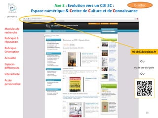 Axe 3 : Evolution vers un CDI 3C :
Espace numérique & Centre de Culture et de Connaissance
18
2014-2015
Accès
personnalisé
9711032v.esidoc.fr
ou
Via le site du lycée
ouInteractivité
Espaces
différenciés
Actualité
Modules de
recherche
Rubrique E-
réputation
Rubrique
Orientation
E-sidoc
 