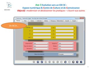9
Axe 3 Evolution vers un CDI 3C :
Espace numérique & Centre de Culture et de Connaissance
Objectif : moderniser et décloisonner les pratiques – s’ouvrir aux autres2014-2015
De BCDI…
 