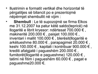 Ilustrimin e formatit vertikal dhe horizontal të përgatitjes së bilancit po e prezentojmë nëpërmjet shembullit në vijim :  Shembull  : Le të supozojmë se firma Elkos me 31.12.2007 ka patur këtë saldo(tepricë) në llogaritë e librit kryesor: ndërtesat 700.000 € , makineritë 200.000 € , paisjet 100.000 € , inventari i mallit 100.000 € , blerësit(llogaritë e arkëtueshme 80.000 € , parapagimet 20.000 € , keshi 100.000 € , kapitali i kontribuar 900.000 € ,  krediti afatgjatë i pagueshëm 200.000 € , furnitorët(llogaritë e pagueshme) 120.000 € , tatimi në fitim i pagueshëm 60.000 € , pagat e pagueshme20.000 €. 