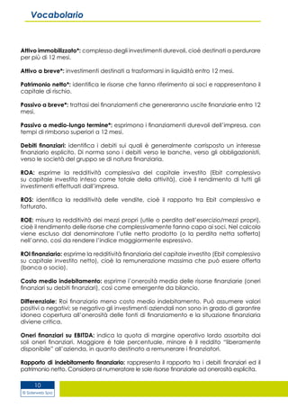 © Siderweb Spa
10
Attivo immobilizzato*: complesso degli investimenti durevoli, cioè destinati a perdurare
per più di 12 mesi.
Attivo a breve*: investimenti destinati a trasformarsi in liquidità entro 12 mesi.
Patrimonio netto*: identifica le risorse che fanno riferimento ai soci e rappresentano il
capitale di rischio.
Passivo a breve*: trattasi dei finanziamenti che genereranno uscite finanziarie entro 12
mesi.
Passivo a medio-lungo termine*: esprimono i finanziamenti durevoli dell’impresa, con
tempi di rimborso superiori a 12 mesi.
Debiti finanziari: identifica i debiti sui quali è generalmente corrisposto un interesse
finanziario esplicito. Di norma sono i debiti verso le banche, verso gli obbligazionisti,
verso le società del gruppo se di natura finanziaria.
ROA: esprime la redditività complessiva del capitale investito (Ebit complessivo
su capitale investito inteso come totale della attività), cioè il rendimento di tutti gli
investimenti effettuati dall’impresa.
ROS: identifica la redditività delle vendite, cioè il rapporto tra Ebit complessivo e
fatturato.
ROE: misura la redditività dei mezzi propri (utile o perdita dell’esercizio/mezzi propri),
cioè il rendimento delle risorse che complessivamente fanno capo ai soci. Nel calcolo
viene escluso dal denominatore l’utile netto prodotto (o la perdita netta sofferta)
nell’anno, così da rendere l’indice maggiormente espressivo.
ROI finanziario: esprime la redditività finanziaria del capitale investito (Ebit complessivo
su capitale investito netto), cioè la remunerazione massima che può essere offerta
(banca o socio).
Costo medio indebitamento: esprime l’onerosità media delle risorse finanziarie (oneri
finanziari su debiti finanziari), così come emergente da bilancio.
Differenziale: Roi finanziario meno costo medio indebitamento. Può assumere valori
positivi o negativi: se negativo gli investimenti aziendali non sono in grado di garantire
idonea copertura all’onerosità delle fonti di finanziamento e la situazione finanziaria
diviene critica.
Oneri finanziari su EBITDA: indica la quota di margine operativo lordo assorbita dai
soli oneri finanziari. Maggiore è tale percentuale, minore è il reddito “liberamente
disponibile” all’azienda, in quanto destinato a remunerare i finanziatori.
Rapporto di indebitamento finanziario: rappresenta il rapporto tra i debiti finanziari ed il
patrimonio netto. Considera al numeratore le sole risorse finanziarie ad onerosità esplicita.
Vocabolario
 