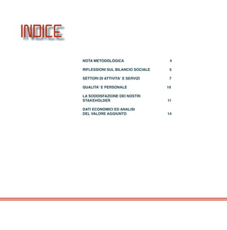NOTA METODOLOGICA 4
RIFLESSIONI SUL BILANCIO SOCIALE 5
SETTORI DI ATTIVITA’ E SERVIZI 7
QUALITA’ E PERSONALE 10
LA SODDISFAZIONE DEI NOSTRI
STAKEHOLDER 11
DATI ECONOMICI ED ANALISI
DEL VALORE AGGIUNTO 14
indice
 