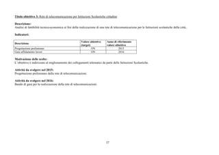 37
Titolo obiettivo 3: Rete di telecomunicazione per Istituzioni Scolastiche cittadine
Descrizione:
Analisi di fattibilità tecnica-economica ai fini della realizzazione di una rete di telecomunicazione per le Istituzioni scolastiche della città..
Indicatori:
Descrizione
Valore obiettivo
(target)
Anno di riferimento
valore obiettivo
Progettazione preliminare ON 2015
Gara affidamento lavori ON 2016
Motivazione delle scelte:
L’obiettivo è indirizzato al miglioramento dei collegamenti telematici da parte delle Istituzioni Scolastiche.
Attività da svolgere nel 2015:
Progettazione preliminare della rete di telecomunicazioni.
Attività da svolgere nel 2016:
Bando di gara per la realizzazione della rete di telecomunicazioni.
 