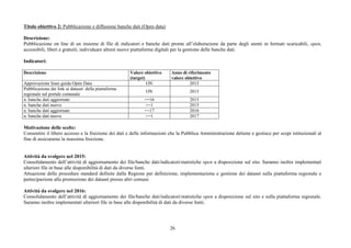 26
Titolo obiettivo 2: Pubblicazione e diffusione banche dati (Open data)
Descrizione:
Pubblicazione on line di un insieme di file di indicatori e banche dati pronte all’elaborazione da parte degli utenti in formati scaricabili, open,
accessibili, liberi e gratuiti; individuare altresì nuove piattaforme digitali per la gestione delle banche dati.
Indicatori:
Motivazione delle scelte:
Consentire il libero accesso e la fruizione dei dati e delle informazioni che la Pubblica Amministrazione detiene e gestisce per scopi istituzionali al
fine di assicurarne la massima fruizione.
Attività da svolgere nel 2015:
Consolidamento dell’attività di aggiornamento dei file/banche dati/indicatori/statistiche open a disposizione sul sito. Saranno inoltre implementati
ulteriori file in base alle disponibilità di dati da diverse fonti.
Attuazione delle procedure standard definite dalla Regione per definizione, implementazione e gestione dei dataset sulla piattaforma regionale e
partecipazione alla promozione dei dataset presso altri comuni.
Attività da svolgere nel 2016:
Consolidamento dell’attività di aggiornamento dei file/banche dati/indicatori/statistiche open a disposizione sul sito e sulla piattaforma regionale.
Saranno inoltre implementati ulteriori file in base alle disponibilità di dati da diverse fonti.
Descrizione Valore obiettivo
(target)
Anno di riferimento
valore obiettivo
Approvazione linee guida Open Data ON 2015
Pubblicazione dei link ai dataset della piattaforma
regionale sul portale comunale
ON 2015
n. banche dati aggiornate >=16 2015
n. banche dati nuove >=1 2015
n. banche dati aggiornate >=17 2016
n. banche dati nuove >=1 2017
 