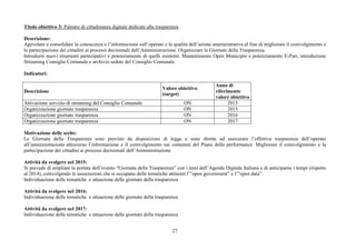 27
Titolo obiettivo 3: Palestre di cittadinanza digitale dedicate alla trasparenza
Descrizione:
Agevolare e consolidare la conoscenza e l’informazione sull’operato e la qualità dell’azione amministrativa al fine di migliorare il coinvolgimento e
la partecipazione dei cittadini ai processi decisionali dell’Amministrazione. Organizzare le Giornate della Trasparenza.
Introdurre nuovi strumenti partecipativi e potenziamento di quelli esistenti. Mantenimento Open Municipio e potenziamento E-Part, introduzione
Streaming Consiglio Comunale e archivio sedute del Consiglio Comunale.
Indicatori:
Descrizione
Valore obiettivo
(target)
Anno di
riferimento
valore obiettivo
Attivazione servizio di streaming del Consiglio Comunale ON 2015
Organizzazione giornate trasparenza ON 2015
Organizzazione giornate trasparenza ON 2016
Organizzazione giornate trasparenza ON 2017
Motivazione delle scelte:
Le Giornate della Trasparenza sono previste da disposizioni di legge e sono dirette ad assicurare l’effettiva trasparenza dell’operato
all’amministrazione attraverso l’informazione e il coinvolgimento sui contenuti del Piano della performance. Migliorare il coinvolgimento e la
partecipazione dei cittadini ai processi decisionali dell’Amministrazione
Attività da svolgere nel 2015:
Si prevede di ampliare la portata dell’evento “Giornata della Trasparenza” con i temi dell’Agenda Digitale Italiana e di anticiparne i tempi (rispetto
al 2014), coinvolgendo le associazioni che si occupano delle tematiche attinenti l’”open government” e l’”open data”.
Individuazione delle tematiche e attuazione delle giornate della trasparenza
Attività da svolgere nel 2016:
Individuazione delle tematiche e attuazione delle giornate della trasparenza
Attività da svolgere nel 2017:
Individuazione delle tematiche e attuazione delle giornate della trasparenza
 
