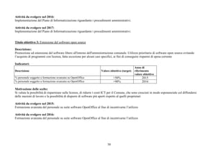 30
Attività da svolgere nel 2016:
Implementazione del Piano di Informatizzazione riguardante i procedimenti amministrativi.
Attività da svolgere nel 2017:
Implementazione del Piano di Informatizzazione riguardante i procedimenti amministrativi.
Titolo obiettivo 3: Estensione del software open source
Descrizione:
Promozione ed estensione del software libero all'interno dell'amministrazione comunale. Utilizzo prioritario di software open source evitando
l’acquisto di programmi con licenza, fatta eccezione per alcuni casi specifici, ai fini di conseguire risparmi di spesa corrente
Indicatori:
Descrizione Valore obiettivo (target)
Anno di
riferimento
valore obiettivo
% personale soggetto a formazione avanzata su OpenOffice >50% 2015
% personale soggetto a formazione avanzata su OpenOffice >90% 2016
Motivazione delle scelte:
Si valuta la possibilità di risparmiare sulle licenze, di ridurre i costi ICT per il Comune, che sono cresciuti in modo esponenziale col diffondersi
delle stazioni di lavoro e la possibilità di disporre di software più aperti rispetto al quelli proprietari
Attività da svolgere nel 2015:
Formazione avanzata del personale su suite software OpenOffice al fine di incentivarne l’utilizzo
Attività da svolgere nel 2016:
Formazione avanzata del personale su suite software OpenOffice al fine di incentivarne l’utilizzo
 