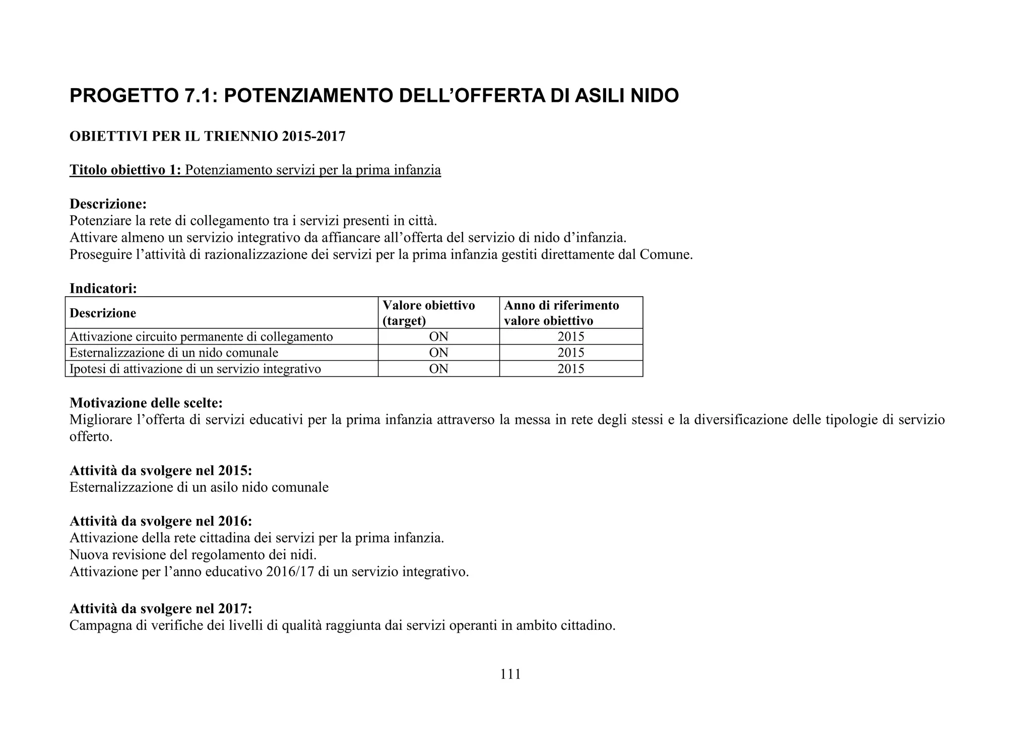 111
PROGETTO 7.1: POTENZIAMENTO DELL’OFFERTA DI ASILI NIDO
OBIETTIVI PER IL TRIENNIO 2015-2017
Titolo obiettivo 1: Potenziamento servizi per la prima infanzia
Descrizione:
Potenziare la rete di collegamento tra i servizi presenti in città.
Attivare almeno un servizio integrativo da affiancare all’offerta del servizio di nido d’infanzia.
Proseguire l’attività di razionalizzazione dei servizi per la prima infanzia gestiti direttamente dal Comune.
Indicatori:
Descrizione
Valore obiettivo
(target)
Anno di riferimento
valore obiettivo
Attivazione circuito permanente di collegamento ON 2015
Esternalizzazione di un nido comunale ON 2015
Ipotesi di attivazione di un servizio integrativo ON 2015
Motivazione delle scelte:
Migliorare l’offerta di servizi educativi per la prima infanzia attraverso la messa in rete degli stessi e la diversificazione delle tipologie di servizio
offerto.
Attività da svolgere nel 2015:
Esternalizzazione di un asilo nido comunale
Attività da svolgere nel 2016:
Attivazione della rete cittadina dei servizi per la prima infanzia.
Nuova revisione del regolamento dei nidi.
Attivazione per l’anno educativo 2016/17 di un servizio integrativo.
Attività da svolgere nel 2017:
Campagna di verifiche dei livelli di qualità raggiunta dai servizi operanti in ambito cittadino.
 