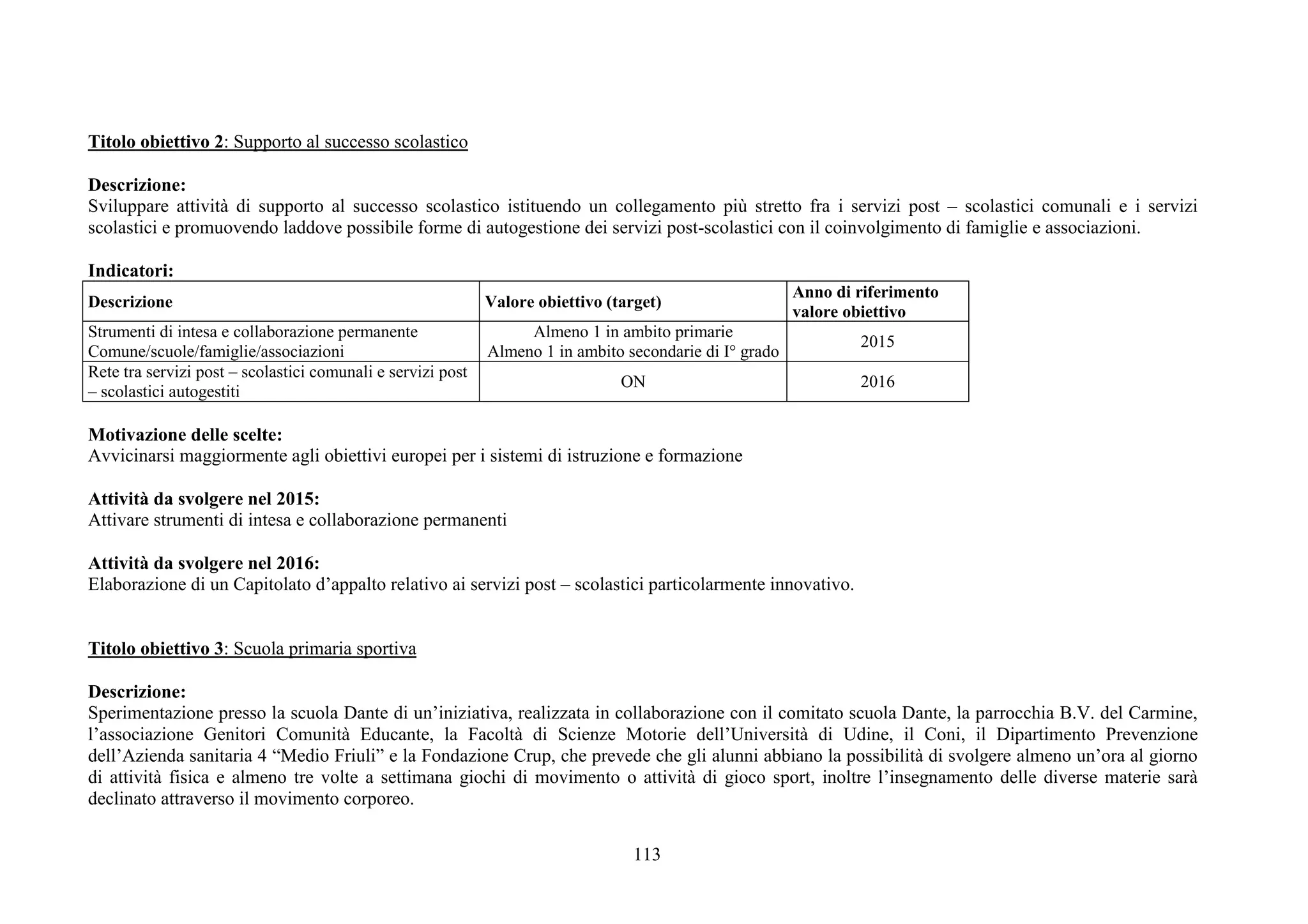 113
Titolo obiettivo 2: Supporto al successo scolastico
Descrizione:
Sviluppare attività di supporto al successo scolastico istituendo un collegamento più stretto fra i servizi post – scolastici comunali e i servizi
scolastici e promuovendo laddove possibile forme di autogestione dei servizi post-scolastici con il coinvolgimento di famiglie e associazioni.
Indicatori:
Descrizione Valore obiettivo (target)
Anno di riferimento
valore obiettivo
Strumenti di intesa e collaborazione permanente
Comune/scuole/famiglie/associazioni
Almeno 1 in ambito primarie
Almeno 1 in ambito secondarie di I° grado
2015
Rete tra servizi post – scolastici comunali e servizi post
– scolastici autogestiti
ON 2016
Motivazione delle scelte:
Avvicinarsi maggiormente agli obiettivi europei per i sistemi di istruzione e formazione
Attività da svolgere nel 2015:
Attivare strumenti di intesa e collaborazione permanenti
Attività da svolgere nel 2016:
Elaborazione di un Capitolato d’appalto relativo ai servizi post – scolastici particolarmente innovativo.
Titolo obiettivo 3: Scuola primaria sportiva
Descrizione:
Sperimentazione presso la scuola Dante di un’iniziativa, realizzata in collaborazione con il comitato scuola Dante, la parrocchia B.V. del Carmine,
l’associazione Genitori Comunità Educante, la Facoltà di Scienze Motorie dell’Università di Udine, il Coni, il Dipartimento Prevenzione
dell’Azienda sanitaria 4 “Medio Friuli” e la Fondazione Crup, che prevede che gli alunni abbiano la possibilità di svolgere almeno un’ora al giorno
di attività fisica e almeno tre volte a settimana giochi di movimento o attività di gioco sport, inoltre l’insegnamento delle diverse materie sarà
declinato attraverso il movimento corporeo.
 