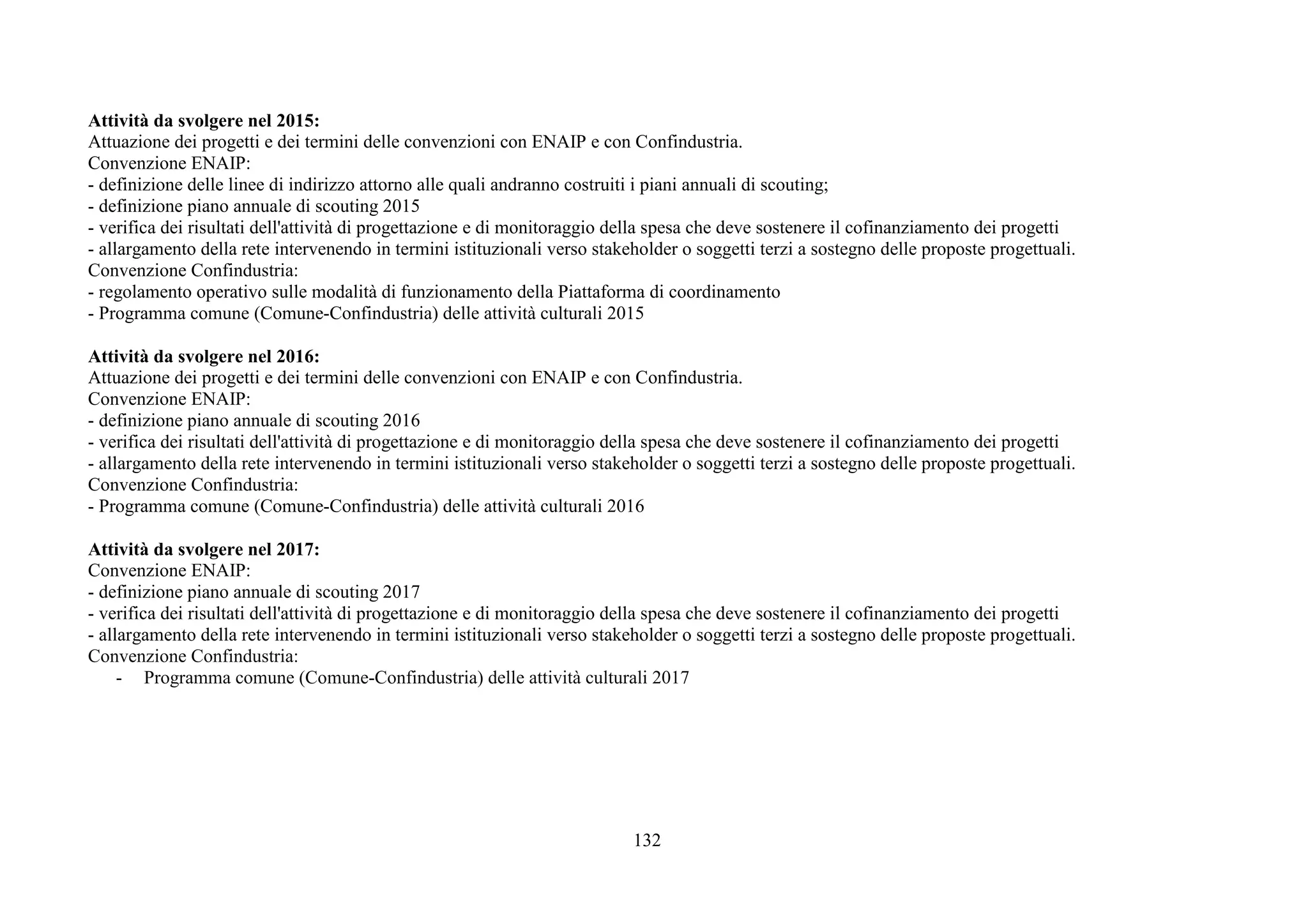 132
Attività da svolgere nel 2015:
Attuazione dei progetti e dei termini delle convenzioni con ENAIP e con Confindustria.
Convenzione ENAIP:
- definizione delle linee di indirizzo attorno alle quali andranno costruiti i piani annuali di scouting;
- definizione piano annuale di scouting 2015
- verifica dei risultati dell'attività di progettazione e di monitoraggio della spesa che deve sostenere il cofinanziamento dei progetti
- allargamento della rete intervenendo in termini istituzionali verso stakeholder o soggetti terzi a sostegno delle proposte progettuali.
Convenzione Confindustria:
- regolamento operativo sulle modalità di funzionamento della Piattaforma di coordinamento
- Programma comune (Comune-Confindustria) delle attività culturali 2015
Attività da svolgere nel 2016:
Attuazione dei progetti e dei termini delle convenzioni con ENAIP e con Confindustria.
Convenzione ENAIP:
- definizione piano annuale di scouting 2016
- verifica dei risultati dell'attività di progettazione e di monitoraggio della spesa che deve sostenere il cofinanziamento dei progetti
- allargamento della rete intervenendo in termini istituzionali verso stakeholder o soggetti terzi a sostegno delle proposte progettuali.
Convenzione Confindustria:
- Programma comune (Comune-Confindustria) delle attività culturali 2016
Attività da svolgere nel 2017:
Convenzione ENAIP:
- definizione piano annuale di scouting 2017
- verifica dei risultati dell'attività di progettazione e di monitoraggio della spesa che deve sostenere il cofinanziamento dei progetti
- allargamento della rete intervenendo in termini istituzionali verso stakeholder o soggetti terzi a sostegno delle proposte progettuali.
Convenzione Confindustria:
- Programma comune (Comune-Confindustria) delle attività culturali 2017
 