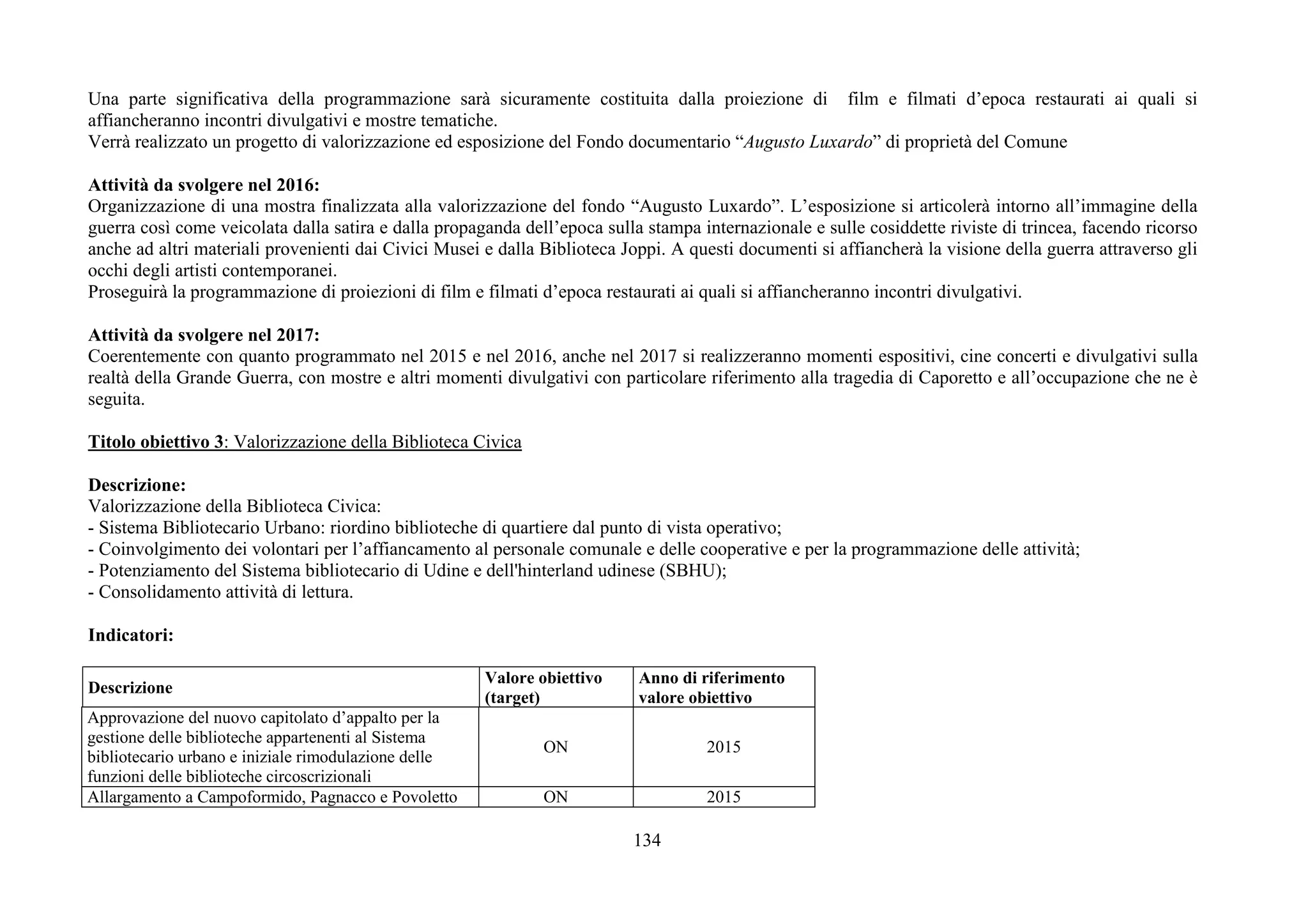 134
Una parte significativa della programmazione sarà sicuramente costituita dalla proiezione di film e filmati d’epoca restaurati ai quali si
affiancheranno incontri divulgativi e mostre tematiche.
Verrà realizzato un progetto di valorizzazione ed esposizione del Fondo documentario “Augusto Luxardo” di proprietà del Comune
Attività da svolgere nel 2016:
Organizzazione di una mostra finalizzata alla valorizzazione del fondo “Augusto Luxardo”. L’esposizione si articolerà intorno all’immagine della
guerra così come veicolata dalla satira e dalla propaganda dell’epoca sulla stampa internazionale e sulle cosiddette riviste di trincea, facendo ricorso
anche ad altri materiali provenienti dai Civici Musei e dalla Biblioteca Joppi. A questi documenti si affiancherà la visione della guerra attraverso gli
occhi degli artisti contemporanei.
Proseguirà la programmazione di proiezioni di film e filmati d’epoca restaurati ai quali si affiancheranno incontri divulgativi.
Attività da svolgere nel 2017:
Coerentemente con quanto programmato nel 2015 e nel 2016, anche nel 2017 si realizzeranno momenti espositivi, cine concerti e divulgativi sulla
realtà della Grande Guerra, con mostre e altri momenti divulgativi con particolare riferimento alla tragedia di Caporetto e all’occupazione che ne è
seguita.
Titolo obiettivo 3: Valorizzazione della Biblioteca Civica
Descrizione:
Valorizzazione della Biblioteca Civica:
- Sistema Bibliotecario Urbano: riordino biblioteche di quartiere dal punto di vista operativo;
- Coinvolgimento dei volontari per l’affiancamento al personale comunale e delle cooperative e per la programmazione delle attività;
- Potenziamento del Sistema bibliotecario di Udine e dell'hinterland udinese (SBHU);
- Consolidamento attività di lettura.
Indicatori:
Descrizione
Valore obiettivo
(target)
Anno di riferimento
valore obiettivo
Approvazione del nuovo capitolato d’appalto per la
gestione delle biblioteche appartenenti al Sistema
bibliotecario urbano e iniziale rimodulazione delle
funzioni delle biblioteche circoscrizionali
ON 2015
Allargamento a Campoformido, Pagnacco e Povoletto ON 2015
 