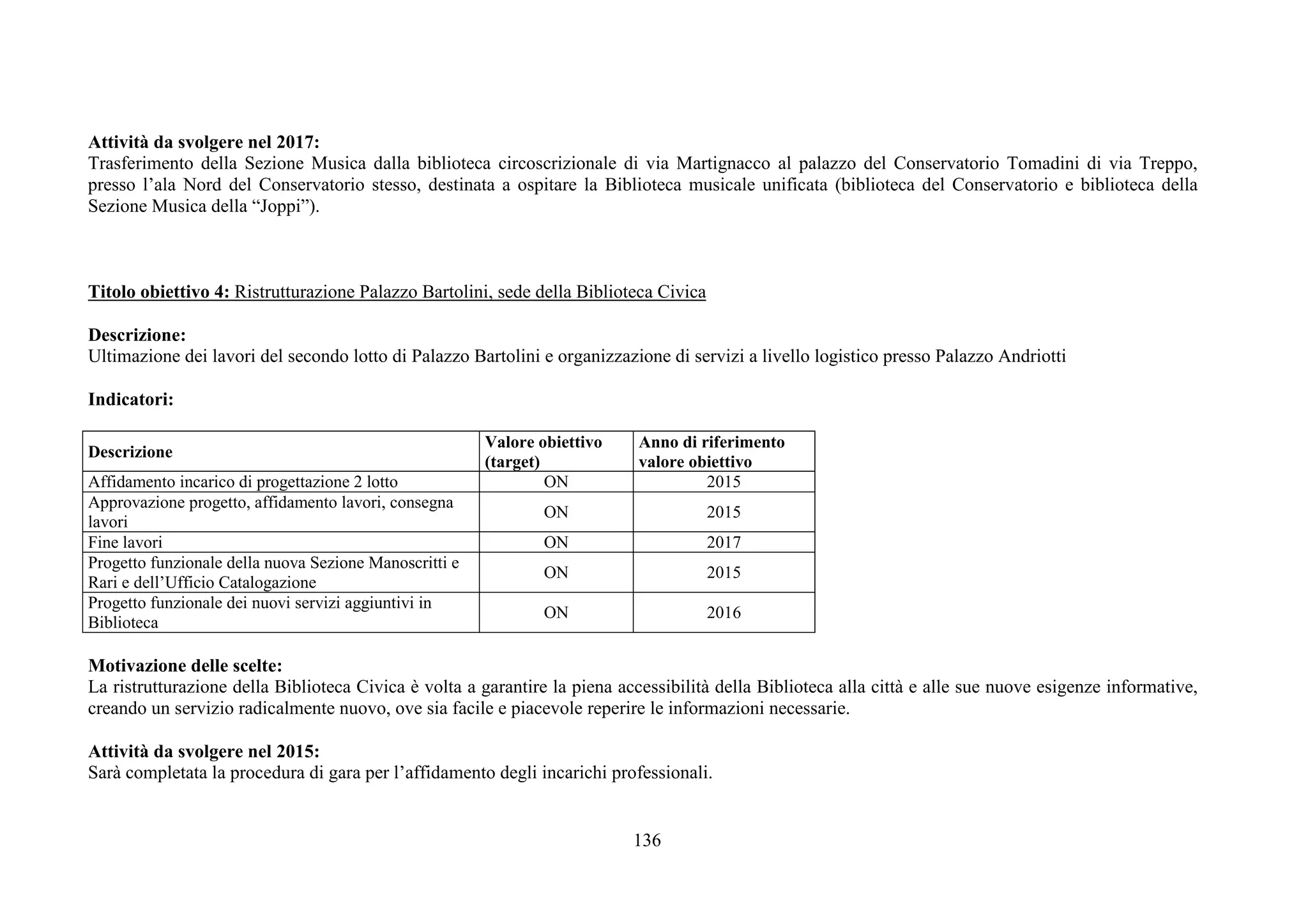 136
Attività da svolgere nel 2017:
Trasferimento della Sezione Musica dalla biblioteca circoscrizionale di via Martignacco al palazzo del Conservatorio Tomadini di via Treppo,
presso l’ala Nord del Conservatorio stesso, destinata a ospitare la Biblioteca musicale unificata (biblioteca del Conservatorio e biblioteca della
Sezione Musica della “Joppi”).
Titolo obiettivo 4: Ristrutturazione Palazzo Bartolini, sede della Biblioteca Civica
Descrizione:
Ultimazione dei lavori del secondo lotto di Palazzo Bartolini e organizzazione di servizi a livello logistico presso Palazzo Andriotti
Indicatori:
Descrizione
Valore obiettivo
(target)
Anno di riferimento
valore obiettivo
Affidamento incarico di progettazione 2 lotto ON 2015
Approvazione progetto, affidamento lavori, consegna
lavori
ON 2015
Fine lavori ON 2017
Progetto funzionale della nuova Sezione Manoscritti e
Rari e dell’Ufficio Catalogazione
ON 2015
Progetto funzionale dei nuovi servizi aggiuntivi in
Biblioteca
ON 2016
Motivazione delle scelte:
La ristrutturazione della Biblioteca Civica è volta a garantire la piena accessibilità della Biblioteca alla città e alle sue nuove esigenze informative,
creando un servizio radicalmente nuovo, ove sia facile e piacevole reperire le informazioni necessarie.
Attività da svolgere nel 2015:
Sarà completata la procedura di gara per l’affidamento degli incarichi professionali.
 