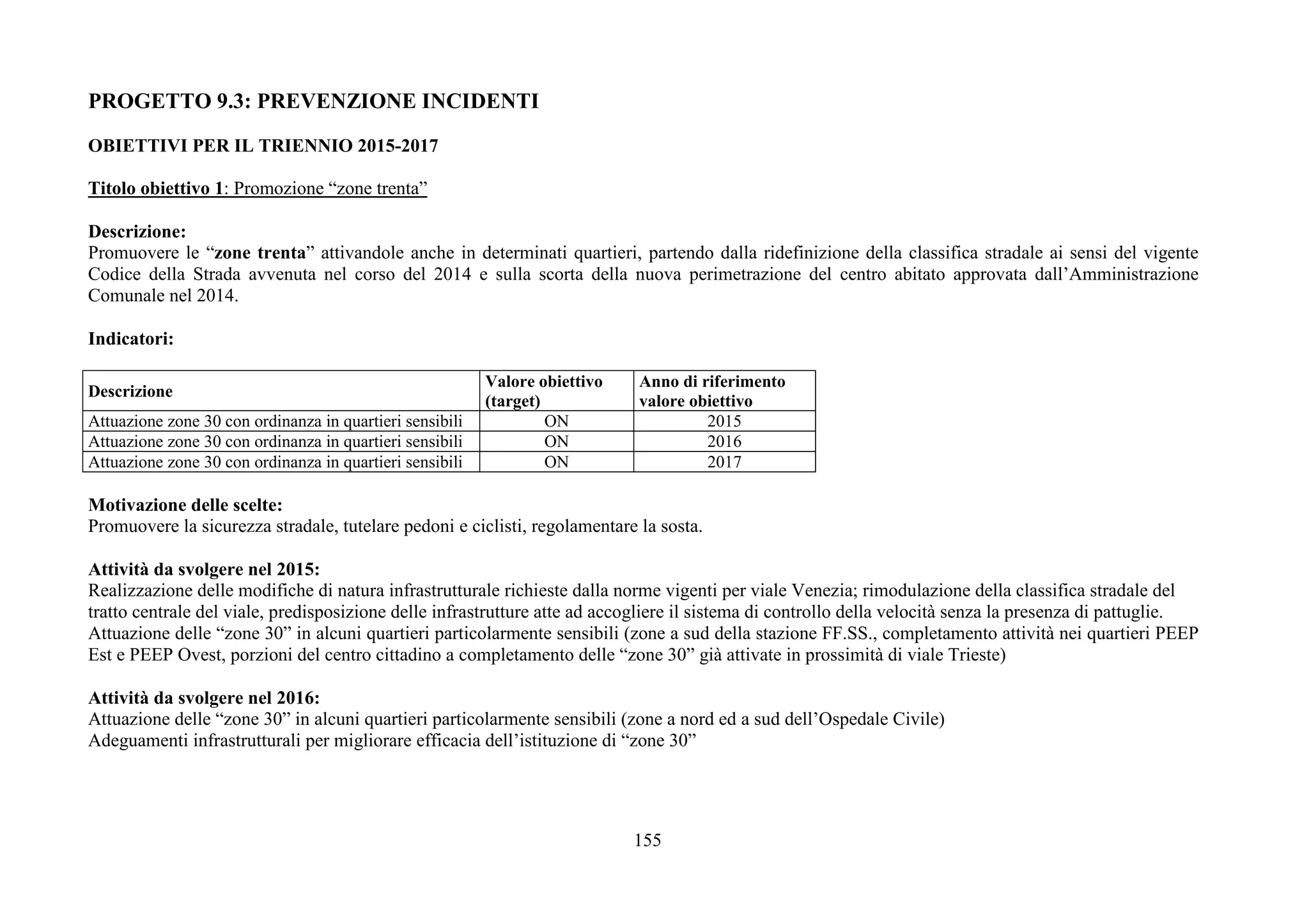 155
PROGETTO 9.3: PREVENZIONE INCIDENTI
OBIETTIVI PER IL TRIENNIO 2015-2017
Titolo obiettivo 1: Promozione “zone trenta”
Descrizione:
Promuovere le “zone trenta” attivandole anche in determinati quartieri, partendo dalla ridefinizione della classifica stradale ai sensi del vigente
Codice della Strada avvenuta nel corso del 2014 e sulla scorta della nuova perimetrazione del centro abitato approvata dall’Amministrazione
Comunale nel 2014.
Indicatori:
Descrizione
Valore obiettivo
(target)
Anno di riferimento
valore obiettivo
Attuazione zone 30 con ordinanza in quartieri sensibili ON 2015
Attuazione zone 30 con ordinanza in quartieri sensibili ON 2016
Attuazione zone 30 con ordinanza in quartieri sensibili ON 2017
Motivazione delle scelte:
Promuovere la sicurezza stradale, tutelare pedoni e ciclisti, regolamentare la sosta.
Attività da svolgere nel 2015:
Realizzazione delle modifiche di natura infrastrutturale richieste dalla norme vigenti per viale Venezia; rimodulazione della classifica stradale del
tratto centrale del viale, predisposizione delle infrastrutture atte ad accogliere il sistema di controllo della velocità senza la presenza di pattuglie.
Attuazione delle “zone 30” in alcuni quartieri particolarmente sensibili (zone a sud della stazione FF.SS., completamento attività nei quartieri PEEP
Est e PEEP Ovest, porzioni del centro cittadino a completamento delle “zone 30” già attivate in prossimità di viale Trieste)
Attività da svolgere nel 2016:
Attuazione delle “zone 30” in alcuni quartieri particolarmente sensibili (zone a nord ed a sud dell’Ospedale Civile)
Adeguamenti infrastrutturali per migliorare efficacia dell’istituzione di “zone 30”
 