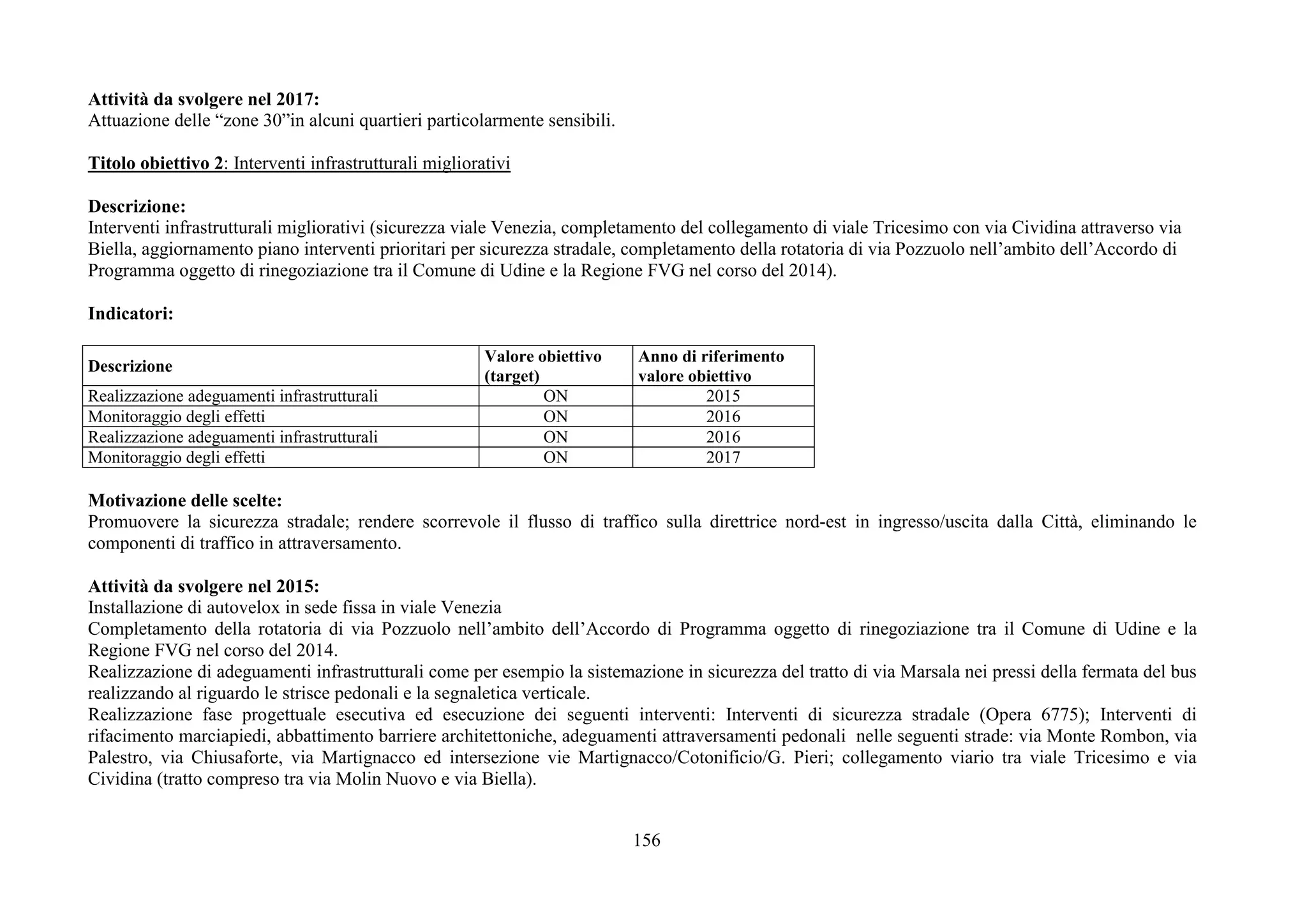 156
Attività da svolgere nel 2017:
Attuazione delle “zone 30”in alcuni quartieri particolarmente sensibili.
Titolo obiettivo 2: Interventi infrastrutturali migliorativi
Descrizione:
Interventi infrastrutturali migliorativi (sicurezza viale Venezia, completamento del collegamento di viale Tricesimo con via Cividina attraverso via
Biella, aggiornamento piano interventi prioritari per sicurezza stradale, completamento della rotatoria di via Pozzuolo nell’ambito dell’Accordo di
Programma oggetto di rinegoziazione tra il Comune di Udine e la Regione FVG nel corso del 2014).
Indicatori:
Descrizione
Valore obiettivo
(target)
Anno di riferimento
valore obiettivo
Realizzazione adeguamenti infrastrutturali ON 2015
Monitoraggio degli effetti ON 2016
Realizzazione adeguamenti infrastrutturali ON 2016
Monitoraggio degli effetti ON 2017
Motivazione delle scelte:
Promuovere la sicurezza stradale; rendere scorrevole il flusso di traffico sulla direttrice nord-est in ingresso/uscita dalla Città, eliminando le
componenti di traffico in attraversamento.
Attività da svolgere nel 2015:
Installazione di autovelox in sede fissa in viale Venezia
Completamento della rotatoria di via Pozzuolo nell’ambito dell’Accordo di Programma oggetto di rinegoziazione tra il Comune di Udine e la
Regione FVG nel corso del 2014.
Realizzazione di adeguamenti infrastrutturali come per esempio la sistemazione in sicurezza del tratto di via Marsala nei pressi della fermata del bus
realizzando al riguardo le strisce pedonali e la segnaletica verticale.
Realizzazione fase progettuale esecutiva ed esecuzione dei seguenti interventi: Interventi di sicurezza stradale (Opera 6775); Interventi di
rifacimento marciapiedi, abbattimento barriere architettoniche, adeguamenti attraversamenti pedonali nelle seguenti strade: via Monte Rombon, via
Palestro, via Chiusaforte, via Martignacco ed intersezione vie Martignacco/Cotonificio/G. Pieri; collegamento viario tra viale Tricesimo e via
Cividina (tratto compreso tra via Molin Nuovo e via Biella).
 