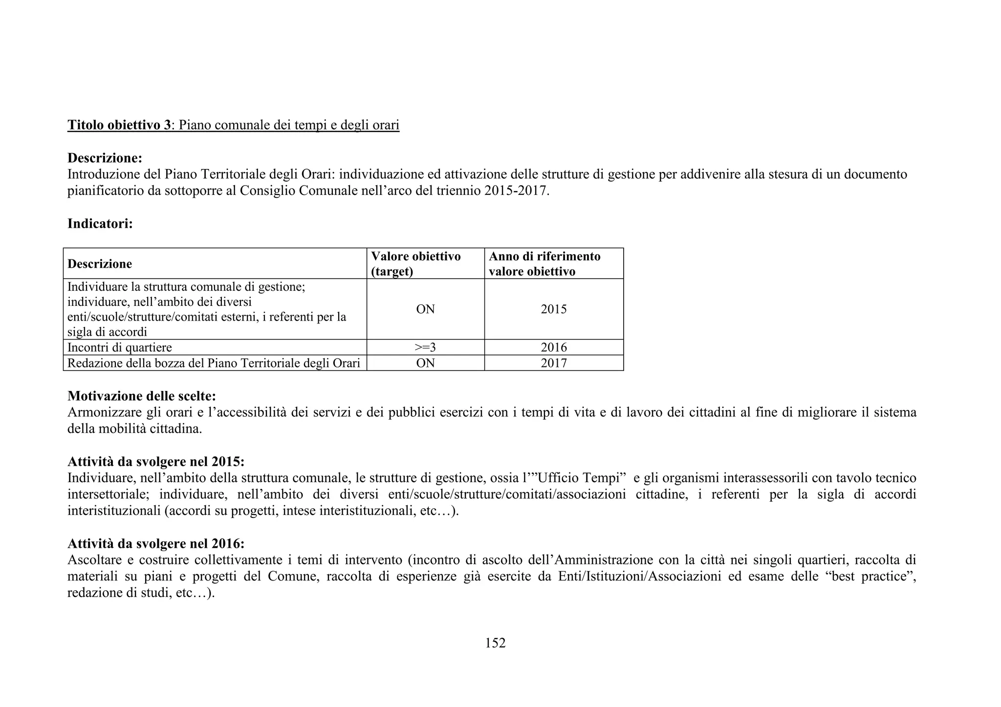 152
Titolo obiettivo 3: Piano comunale dei tempi e degli orari
Descrizione:
Introduzione del Piano Territoriale degli Orari: individuazione ed attivazione delle strutture di gestione per addivenire alla stesura di un documento
pianificatorio da sottoporre al Consiglio Comunale nell’arco del triennio 2015-2017.
Indicatori:
Descrizione
Valore obiettivo
(target)
Anno di riferimento
valore obiettivo
Individuare la struttura comunale di gestione;
individuare, nell’ambito dei diversi
enti/scuole/strutture/comitati esterni, i referenti per la
sigla di accordi
ON 2015
Incontri di quartiere >=3 2016
Redazione della bozza del Piano Territoriale degli Orari ON 2017
Motivazione delle scelte:
Armonizzare gli orari e l’accessibilità dei servizi e dei pubblici esercizi con i tempi di vita e di lavoro dei cittadini al fine di migliorare il sistema
della mobilità cittadina.
Attività da svolgere nel 2015:
Individuare, nell’ambito della struttura comunale, le strutture di gestione, ossia l’”Ufficio Tempi” e gli organismi interassessorili con tavolo tecnico
intersettoriale; individuare, nell’ambito dei diversi enti/scuole/strutture/comitati/associazioni cittadine, i referenti per la sigla di accordi
interistituzionali (accordi su progetti, intese interistituzionali, etc…).
Attività da svolgere nel 2016:
Ascoltare e costruire collettivamente i temi di intervento (incontro di ascolto dell’Amministrazione con la città nei singoli quartieri, raccolta di
materiali su piani e progetti del Comune, raccolta di esperienze già esercite da Enti/Istituzioni/Associazioni ed esame delle “best practice”,
redazione di studi, etc…).
 