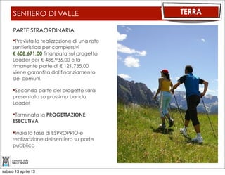 IL PARCO FLUVIALE                 ACQUA


     PRESENTATI I RISULTATI DELLA
     RICERCA SOCIO-ECONOMICA SUL
     FIUME NOCE.

     ORA UN’AZIONE VOLTA
     ALL’ISTITUZIONE DELLA RETE DELLE
     RISERVE E DEL PARCO FLUVIALE DEL
     NOCE

     SISTEMAZIONE DEGLI ATTRACCHI
     PER GLI SPORT FLUVIALI




sabato 13 aprile 13
 