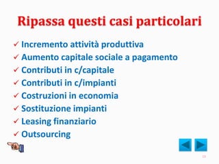 Ripassa questi casi particolari
 Incremento attività produttiva
 Aumento capitale sociale a pagamento
 Contributi in c/capitale
 Contributi in c/impianti
 Costruzioni in economia
 Sostituzione impianti
 Leasing finanziario
 Outsourcing
19
 