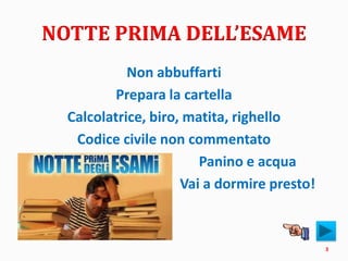 NOTTE PRIMA DELL’ESAME
Non abbuffarti
Prepara la cartella
Calcolatrice, biro, matita, righello
Codice civile non commentato
Panino e acqua
Vai a dormire presto!
3
 