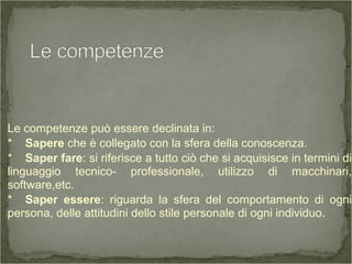 Le competenze può essere declinata in:
* Sapere che è collegato con la sfera della conoscenza.
* Saper fare: si riferisce a tutto ciò che si acquisisce in termini di
linguaggio tecnico- professionale, utilizzo di macchinari,
software,etc.
* Saper essere: riguarda la sfera del comportamento di ogni
persona, delle attitudini dello stile personale di ogni individuo.
 
