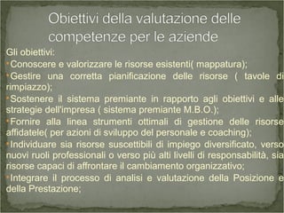 Gli obiettivi:

Conoscere e valorizzare le risorse esistenti( mappatura);

Gestire una corretta pianificazione delle risorse ( tavole di
rimpiazzo);

Sostenere il sistema premiante in rapporto agli obiettivi e alle
strategie dell'impresa ( sistema premiante M.B.O.);

Fornire alla linea strumenti ottimali di gestione delle risorse
affidatele( per azioni di sviluppo del personale e coaching);

Individuare sia risorse suscettibili di impiego diversificato, verso
nuovi ruoli professionali o verso più alti livelli di responsabilità, sia
risorse capaci di affrontare il cambiamento organizzativo;

Integrare il processo di analisi e valutazione della Posizione e
della Prestazione;
 