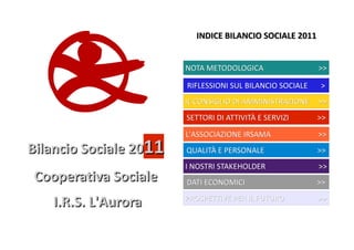 Bilancio Sociale 20Bilancio Sociale 201111
Cooperativa SocialeCooperativa Sociale
I.R.S. L'AuroraI.R.S. L'Aurora
INDICE BILANCIO SOCIALE 2011INDICE BILANCIO SOCIALE 2011
NOTA METODOLOGICA >>NOTA METODOLOGICA >>
RIFLESSIONI SUL BILANCIO SOCIALE >RIFLESSIONI SUL BILANCIO SOCIALE >
IL CONSIGLIO DI AMMINISTRAZIONE >>IL CONSIGLIO DI AMMINISTRAZIONE >>
SETTORI DI ATTIVITÀ E SERVIZI >>SETTORI DI ATTIVITÀ E SERVIZI >>
L'ASSOCIAZIONE IRSAMA >>L'ASSOCIAZIONE IRSAMA >>
QUALITÀ E PERSONALE >>QUALITÀ E PERSONALE >>
I NOSTRI STAKEHOLDER >>I NOSTRI STAKEHOLDER >>
DATI ECONOMICI >>DATI ECONOMICI >>
PROSPETTIVE PER IL FUTURO >>PROSPETTIVE PER IL FUTURO >>
 