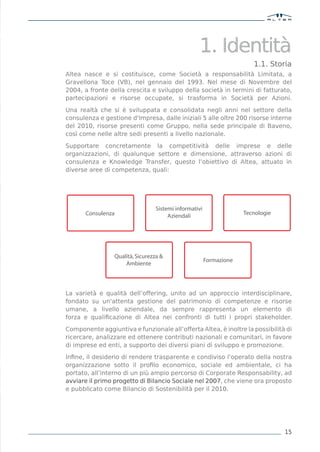 1. Identità
                                                                        1.1. Storia
Altea nasce e si costituisce, come Società a responsabilità Limitata, a
Gravellona Toce (VB), nel gennaio del 1993. Nel mese di Novembre del
2004, a fronte della crescita e sviluppo della società in termini di fatturato,
partecipazioni e risorse occupate, si trasforma in Società per Azioni.

Una realtà che si è sviluppata e consolidata negli anni nel settore della
consulenza e gestione d'Impresa, dalle iniziali 5 alle oltre 200 risorse interne
del 2010, risorse presenti come Gruppo, nella sede principale di Baveno,
così come nelle altre sedi presenti a livello nazionale.

Supportare concretamente la competitività delle imprese e delle
organizzazioni, di qualunque settore e dimensione, attraverso azioni di
consulenza e Knowledge Transfer, questo l’obiettivo di Altea, attuato in
diverse aree di competenza, quali:




                                  Sistemi informativi
       Consulenza                      Aziendali                     Tecnologie




                 Qualità, Sicurezza &
                                                        Formazione
                     Ambiente



La varietà e qualità dell’offering, unito ad un approccio interdisciplinare,
fondato su un'attenta gestione del patrimonio di competenze e risorse
umane, a livello aziendale, da sempre rappresenta un elemento di
forza e qualiﬁcazione di Altea nei confronti di tutti i propri stakeholder.

Componente aggiuntiva e funzionale all’offerta Altea, è inoltre la possibilità di
ricercare, analizzare ed ottenere contributi nazionali e comunitari, in favore
di imprese ed enti, a supporto dei diversi piani di sviluppo e promozione.

Inﬁne, il desiderio di rendere trasparente e condiviso l’operato della nostra
organizzazione sotto il proﬁlo economico, sociale ed ambientale, ci ha
portato, all’interno di un più ampio percorso di Corporate Responsability, ad
avviare il primo progetto di Bilancio Sociale nel 2007, che viene ora proposto
e pubblicato come Bilancio di Sostenibilità per il 2010.




                                                                                  15
 