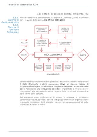 Bilancio di Sostenibilità 2010



                                      1.8. Sistemi di gestione qualità, ambiente, RSI
           1.8.1. Altea ha stabilito e documentato il Sistema di Gestione Qualità in accordo
      Sistema di con i requisiti della Norma UNI EN ISO 9001:2008.
Gestione Qualità
           1.8.2.
      Sistema di                     AGGIORNAMENTO             RIESAME DA
        Gestione                        OBIETTIVI DI           PARTE DELLA
     Ambientale                       MIGLIORAMENTO             DIREZIONE




                                       GESTIONE NON
                                       CONFORMITA’.                 GESTIONE VERIFICHE
                    RECLAMI          AZIONI CORRETTIVE               ISPETTIVE INTERNE
                                        E PREVENTIVE




                    CLIENTE                      PROCESSI PRIMARI                        CLIENTE




                                     GESTIONE      GESTIONE    GESTIONE     SODDISFA-
                                    DOCUMENTI       RISORSE   STRUMENTI     ZIONE DEL
                                     AZIENDALI      UMANE     DI MISURA      CLIENTE



                                                     ANALISI DEI DATI



                   Per soddisfare al massimo livello possibile i dettati della Politica Ambientale
                   è stato strutturato e viene mantenuto attivo un sistema capace di
                   supportare lo sviluppo, la deﬁnizione, l’implementazione e l’attuazione delle
                   azioni necessarie alla conduzione aziendale, improntata al miglioramento
                   progressivo, alla salvaguardia ed al rispetto delle condizioni ambientali e
                   della salute delle persone.

                   Tali contenuti sono implementati in modo da ottenere la necessaria
                   comprensione e attuazione da parte di tutti gli appartenenti all’organizzazione
                   e, quando necessario, degli operatori esterni che agiscono coordinati dalle
                   strutture funzionali di Altea.
 