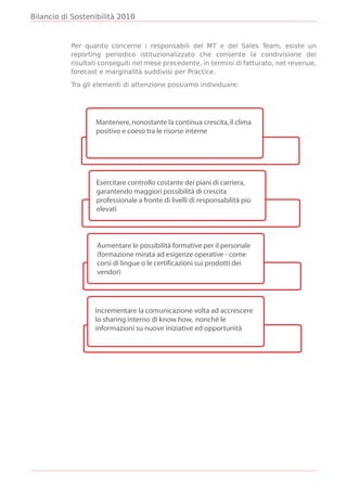 Bilancio di Sostenibilità 2010



           Per quanto concerne i responsabili del MT e del Sales Team, esiste un
           reporting periodico istituzionalizzato che consente la condivisione dei
           risultati conseguiti nel mese precedente, in termini di fatturato, net revenue,
           forecast e marginalità suddivisi per Practice.

           Tra gli elementi di attenzione possiamo individuare:




                   Mantenere, nonostante la continua crescita, il clima
                   positivo e coeso tra le risorse interne




                   Esercitare controllo costante dei piani di carriera,
                   garantendo maggiori possibilità di crescita
                   professionale a fronte di livelli di responsabilità più
                   elevati



                   Aumentare le possibilità formative per il personale
                   (formazione mirata ad esigenze operative - come
                   corsi di lingue o le certificazioni sui prodotti dei
                   vendor)




                  Incrementare la comunicazione volta ad accrescere
                  lo sharing interno di know how, nonché le
                  informazioni su nuove iniziative ed opportunità
 