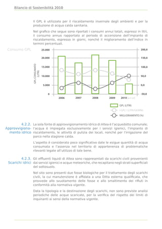 Bilancio di Sostenibilità 2010



                  Il GPL è utilizzato per il riscaldamento invernale degli ambienti e per la
                  produzione di acqua calda sanitaria.

                  Nel graﬁco che segue sono riportati i consumi annui totali, espressi in litri,
                  il consumo annuo rapportato al periodo di accensione dell’impianto di
                  riscaldamento, espresso in giorni, nonché il miglioramento dell’indice in
                  termini percentuali.

 Consumo GPL                      25.000                                                        200,0


                                  20.000                                                        150,0
                  GPL CONSUMATO




                                  15.000                                                        100,0
                       (LITRI)




                                  10.000                                                        50,0


                                   5.000                                                        0,0


                                      0                                                         -50,0
                                           2006   2007    2008        2009    2010 [al 31.07]

                                                                             GPL (LITRI)
                                                                             I-GPL1 (LITRI/GIORNI)
                                                                             MIGLIORAMENTO (%)


        4.2.2. La sola fonte di approvvigionamento idrico di Altea è l’acquedotto comunale;
Approvvigiona- l’acqua è impiegata esclusivamente per i servizi igienici, l’impianto di
  mento idrico riscaldamento, le attività di pulizia dei locali, nonché per l’irrigazione del
                  parco nella stagione calda.

                  L’aspetto è considerato poco signiﬁcativo date le esigue quantità di acqua
                  consumata e l’assenza nel territorio di appartenenza di problematiche
                  rilevanti legate all’utilizzo di tale bene.

         4.2.3. Gli efﬂuenti liquidi di Altea sono rappresentati da scarichi civili provenienti
 Scarichi idrici dai servizi igienici e acque meteoriche, che recapitano negli strati superﬁciali
                  del sottosuolo.

                  Nel sito sono presenti due fosse biologiche per il trattamento degli scarichi
                  civili, la cui manutenzione è afﬁdata a una Ditta esterna qualiﬁcata, che
                  provvede allo svuotamento delle fosse e allo smaltimento dei riﬁuti in
                  conformità alla normativa vigente.

                  Data la tipologia e la destinazione degli scarichi, non sono previste analisi
                  periodiche delle acque scaricate, per la veriﬁca del rispetto dei limiti di
                  inquinanti ai sensi della normativa vigente.
 